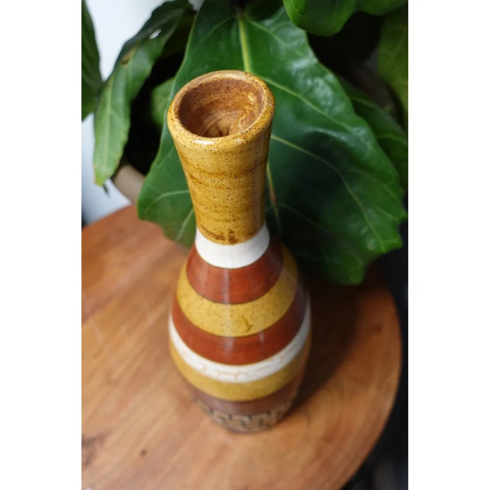 Striped Ceramic Vase with Brick Design, Vintage Decorative‎ Accent Vase